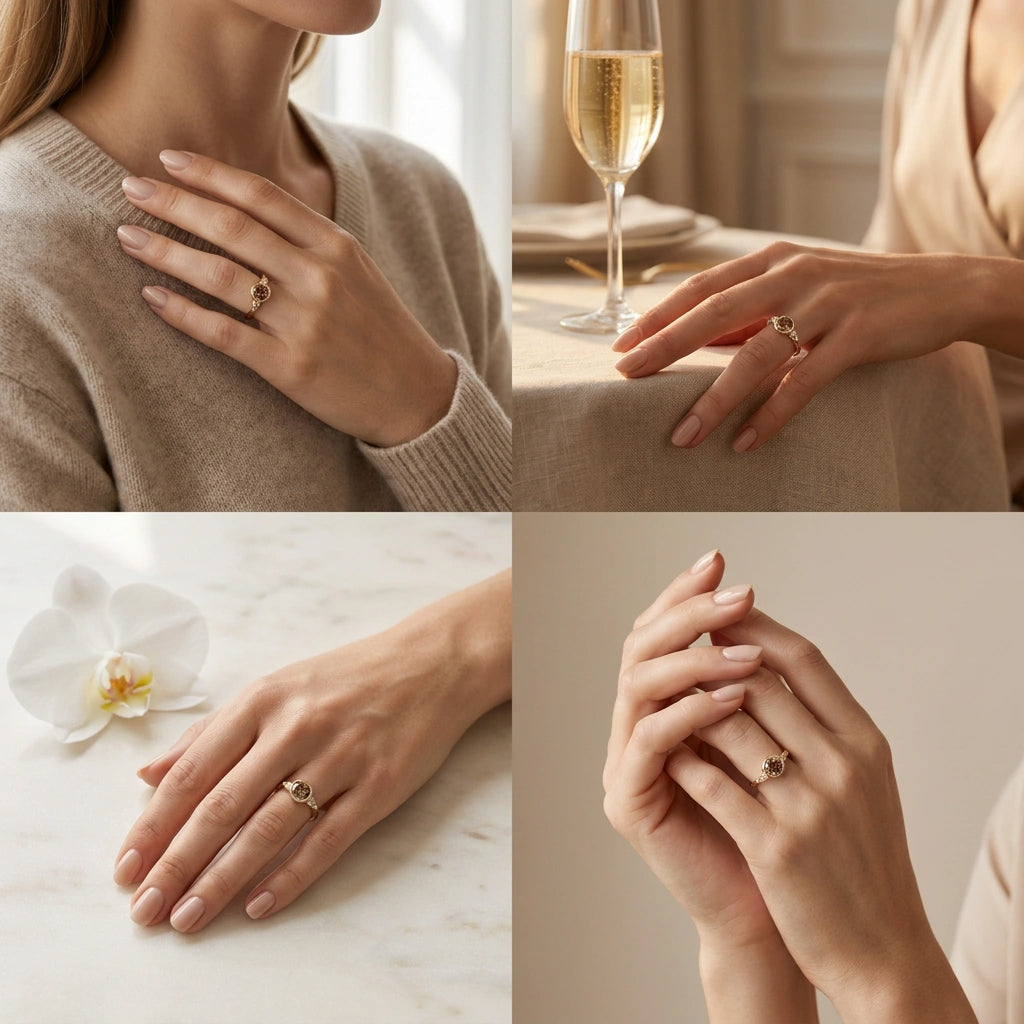Cognac diamond bezel engagement ring worn on hand in four everyday settings