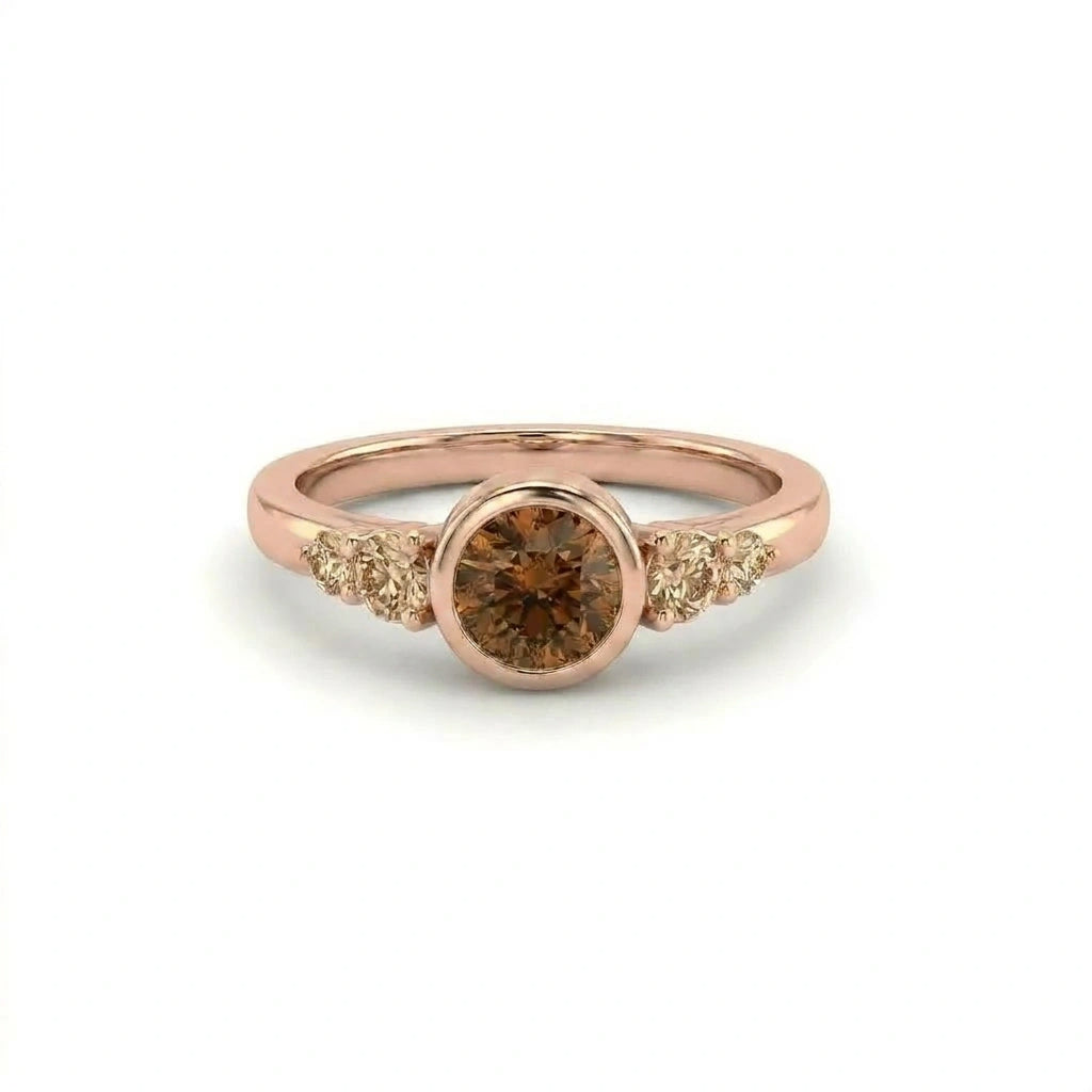 Natural cognac diamond bezel engagement ring in 14K rose gold with champagne accent diamonds