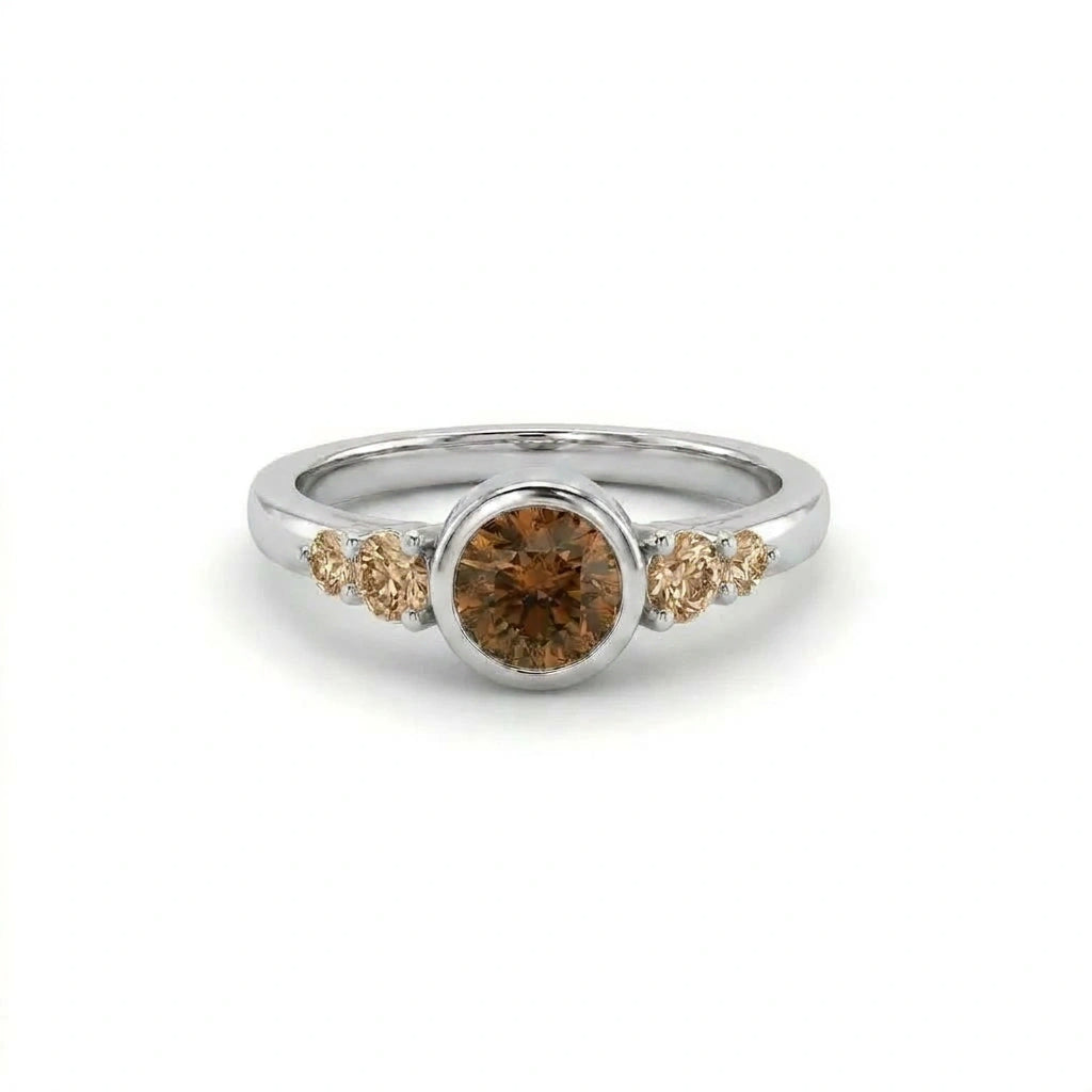 Natural cognac diamond bezel engagement ring in 14K white gold with champagne accent diamonds