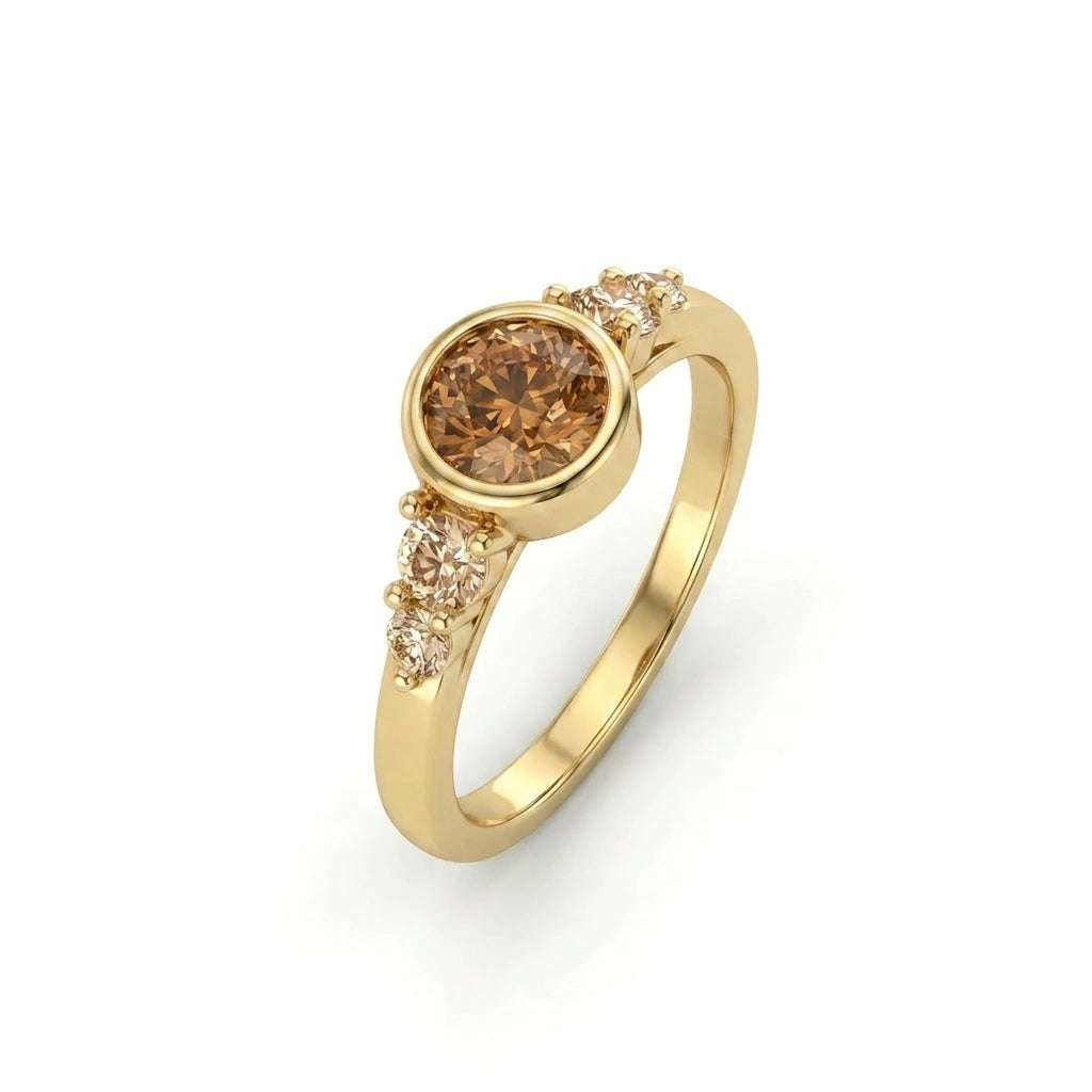 Natural cognac diamond bezel engagement ring in 14K yellow gold, angled view