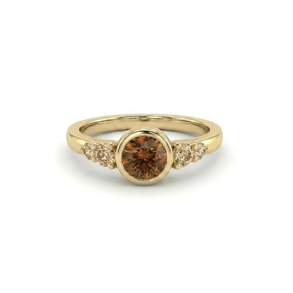Natural cognac diamond bezel engagement ring in 14K yellow gold with champagne accent diamonds
