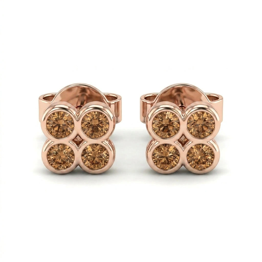 Natural cognac diamond clover stud earrings in 14K rose gold — product view on white background
