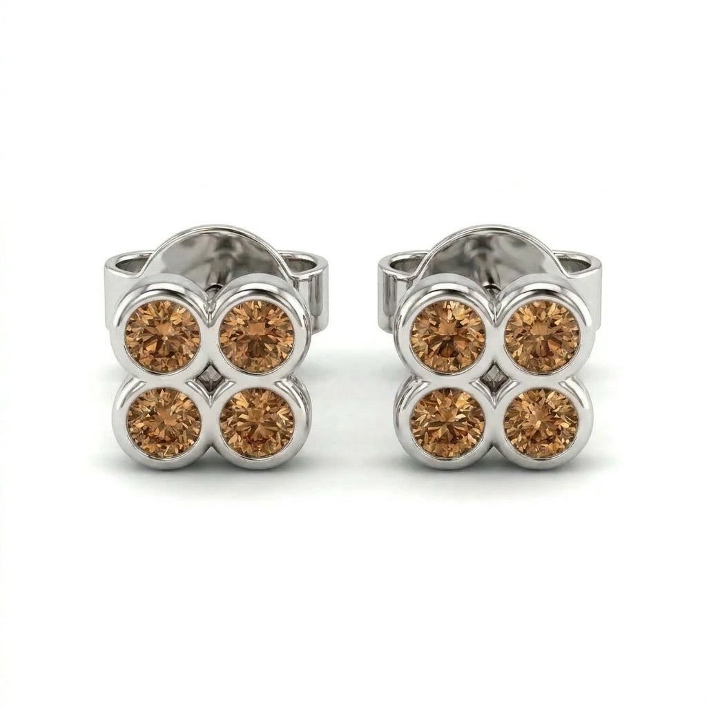 Natural cognac diamond clover stud earrings in 14K white gold — product view on white background
