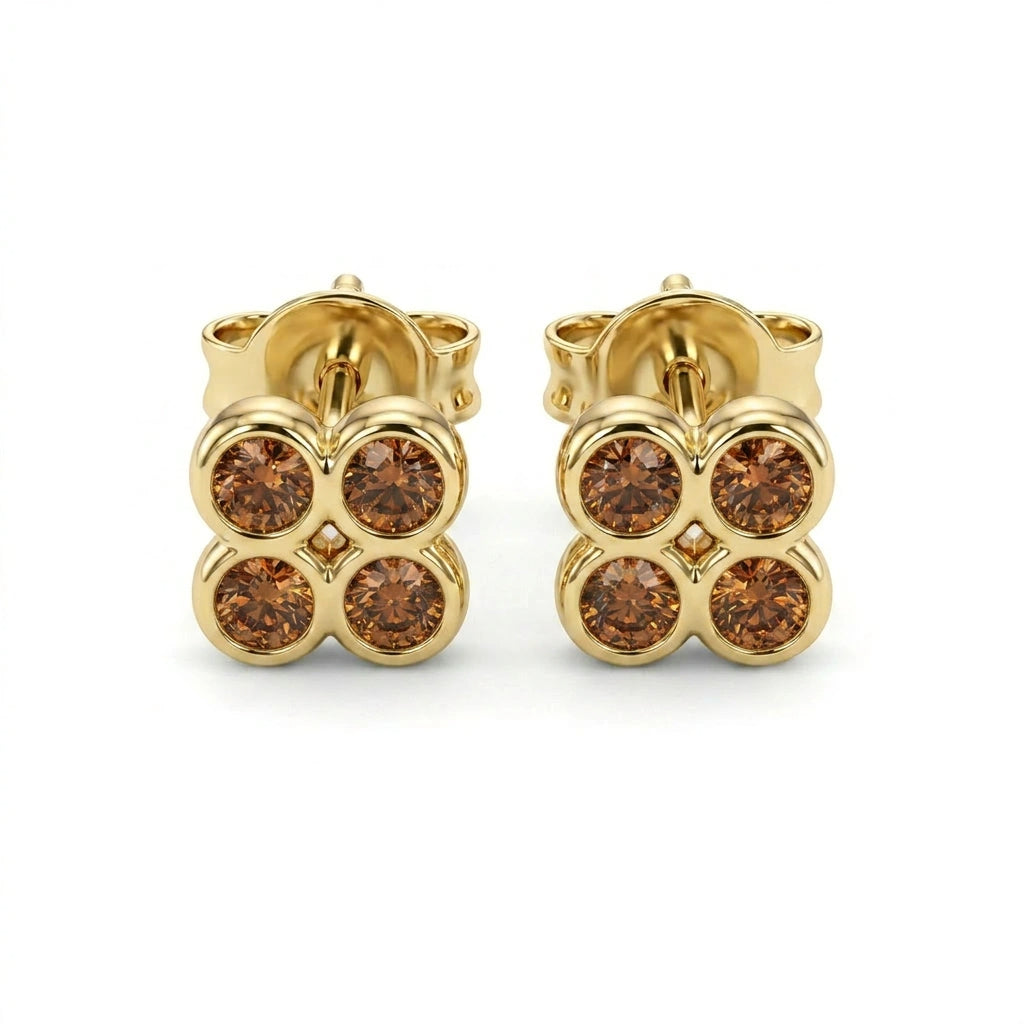 Natural cognac diamond clover stud earrings in 14K yellow gold — product view on white background