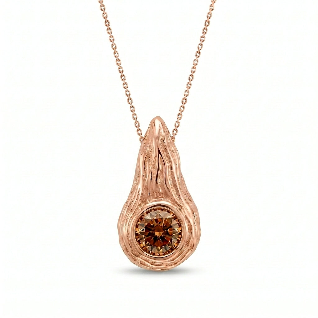 Cognac diamond Ember pendant in 14K rose gold, hand-carved flame design
