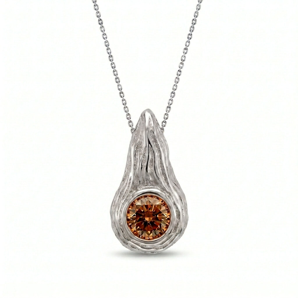 Cognac diamond Ember pendant in 14K white gold, bezel-set flame pendant