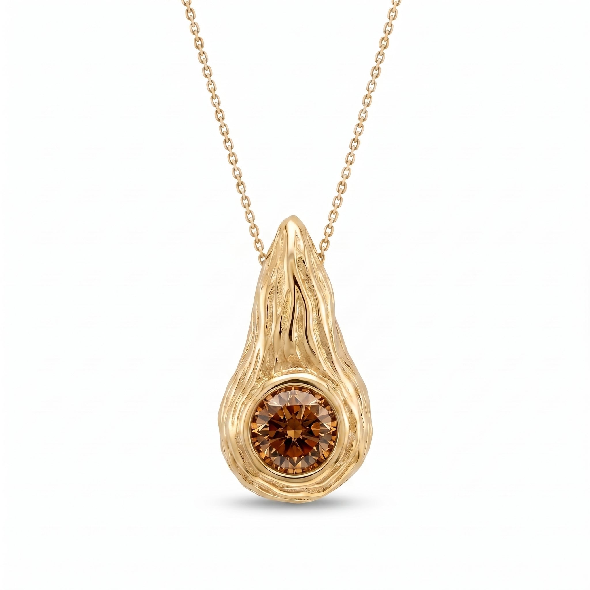 Cognac diamond Ember pendant in 14K yellow gold, hand-carved flame bezel