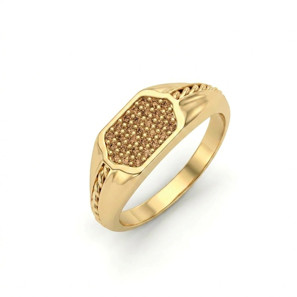 Cognac diamond pavé signet ring with rope-twist shoulders in 14K rose gold, front view