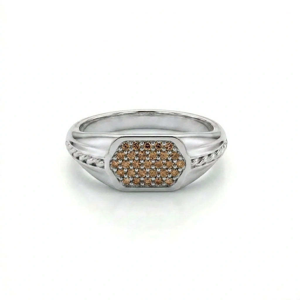 Cognac diamond pavé signet ring with rope-twist shoulders in 14K white gold, front view