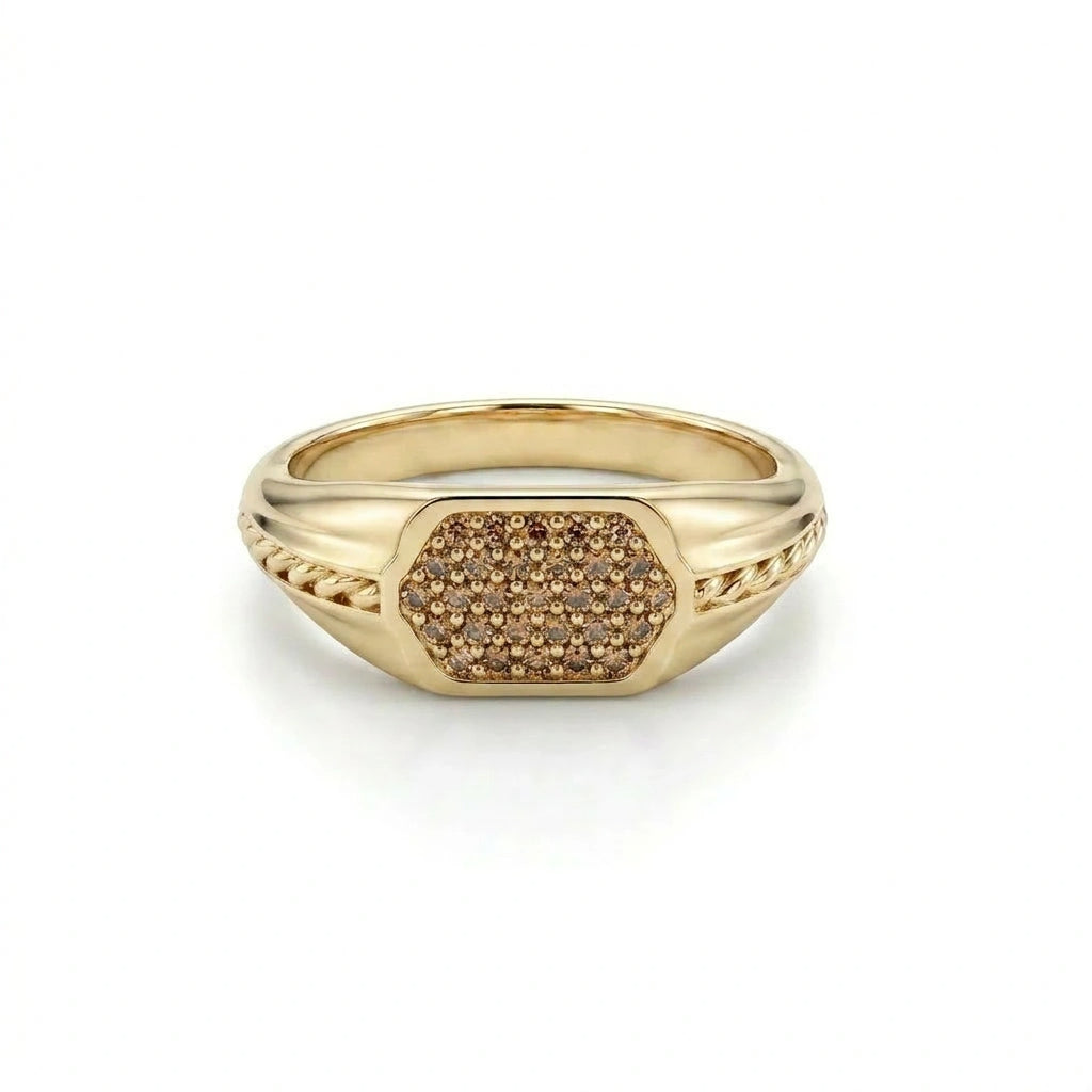 Angled view of cognac diamond pavé signet ring in solid 14K yellow gold