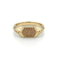 Angled view of cognac diamond pavé signet ring in solid 14K yellow gold