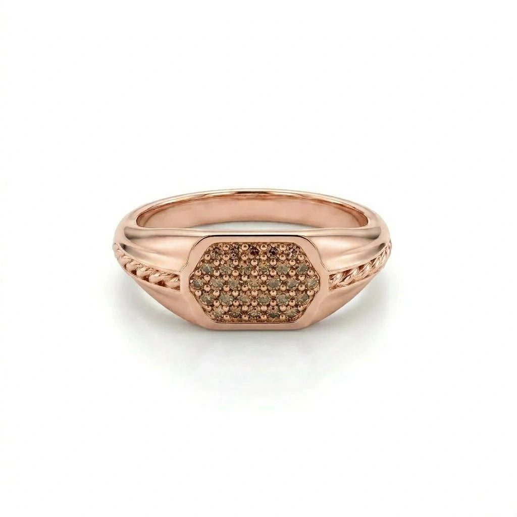 Cognac diamond pavé signet ring with rope-twist shoulders in 14K yellow gold, front view