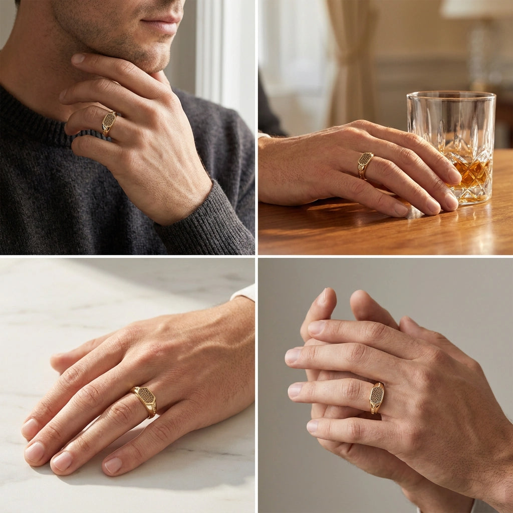 Lifestyle collage of cognac diamond pavé signet ring worn casually with sweater, whiskey glass, and clasped hands
