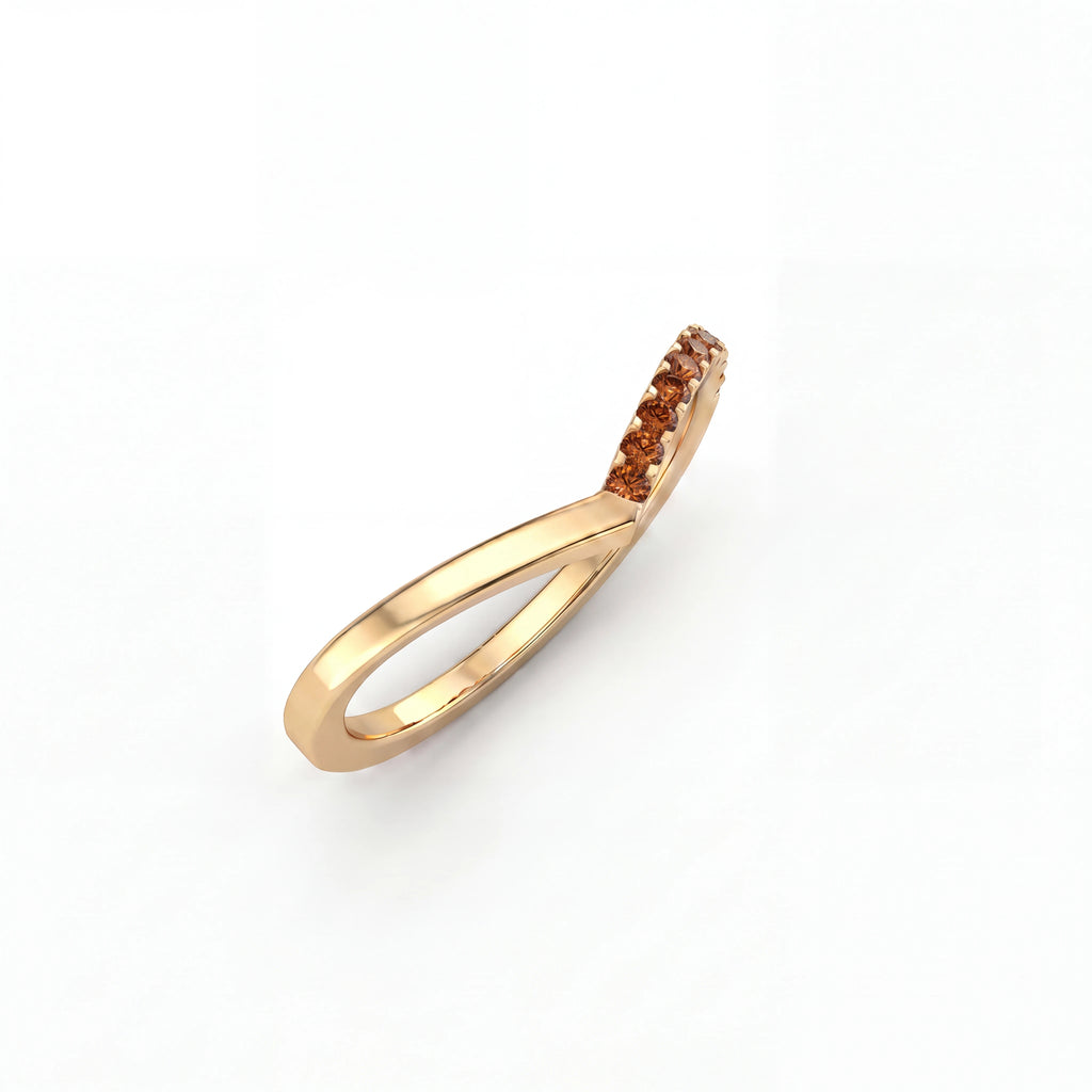 Cognac diamond wishbone ring in 14K rose gold, angled view showing the full band shape — Brownstone Collection, Black Pearl of Queens