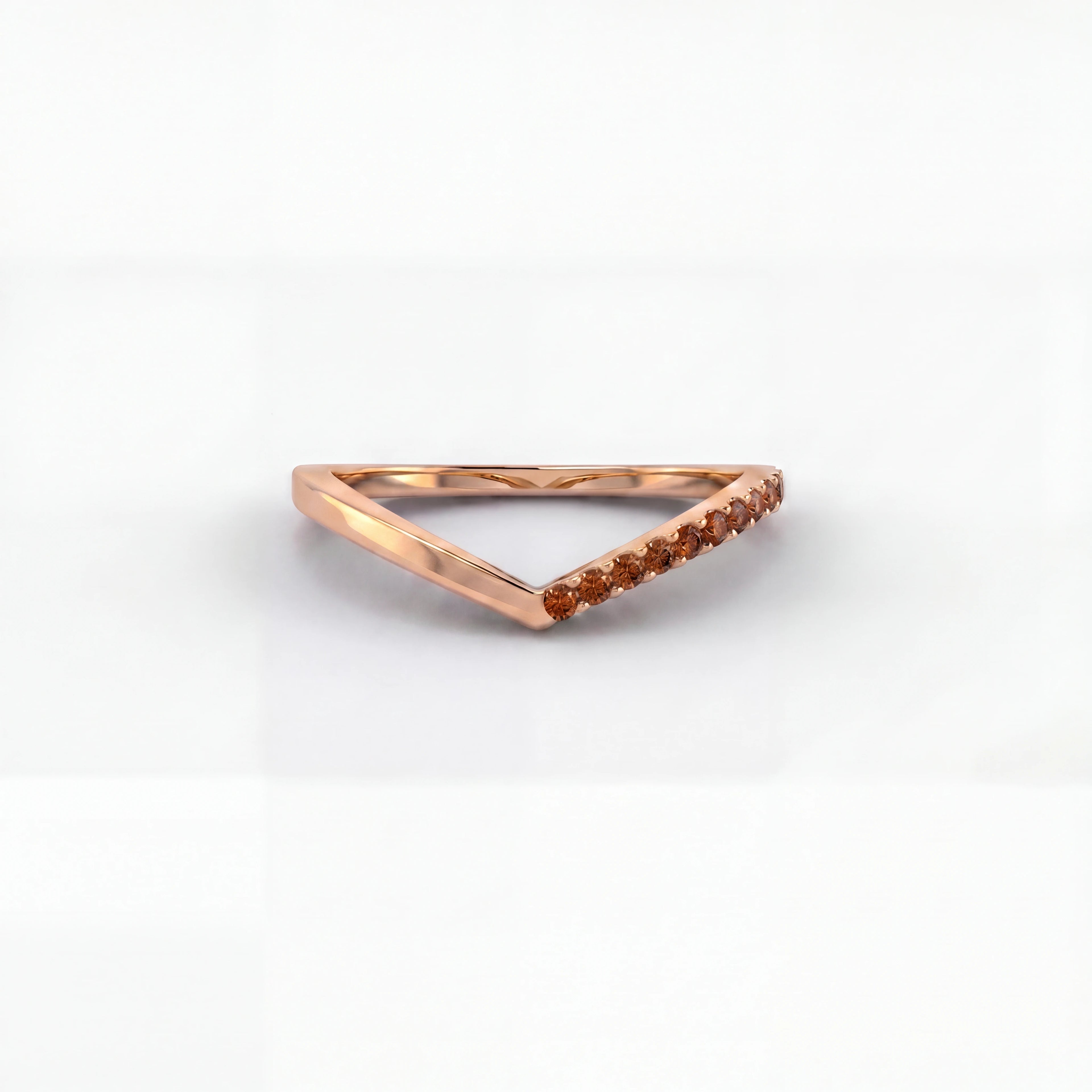 Cognac diamond wishbone ring in 14K rose gold, front view — Brownstone Collection, Black Pearl of Queens