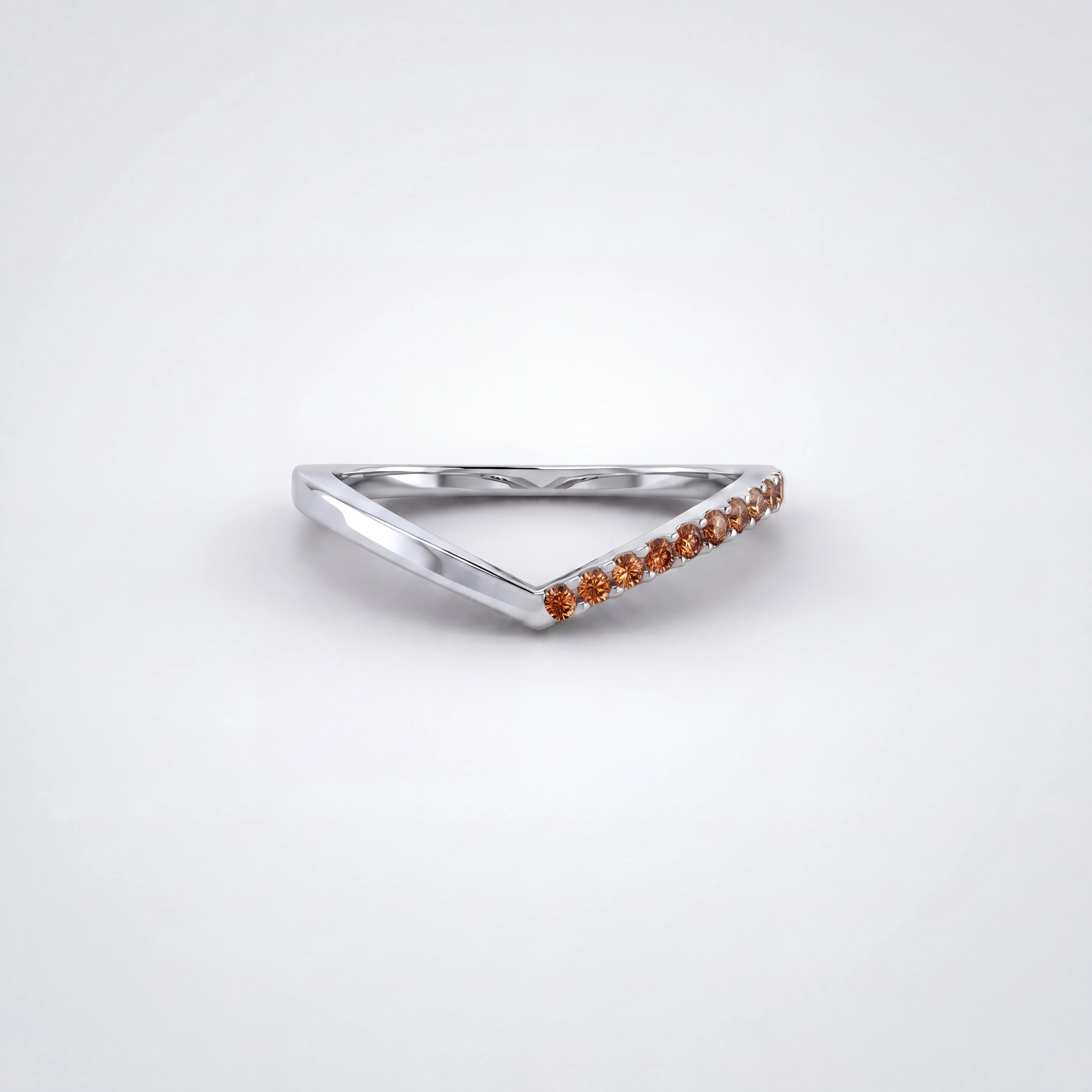 Cognac diamond wishbone ring in 14K white gold, front view — Brownstone Collection, Black Pearl of Queens