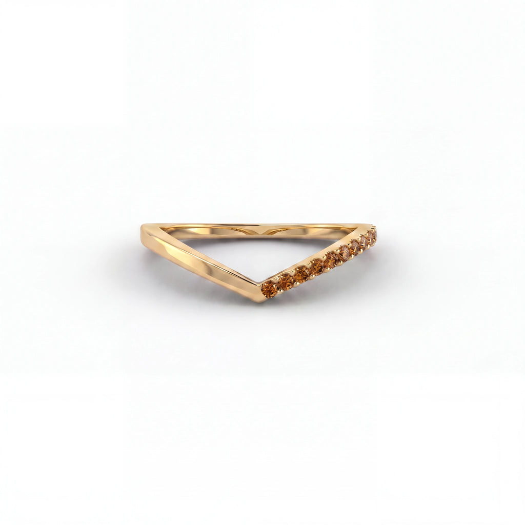 Cognac diamond wishbone ring in 14K yellow gold, front view — Brownstone Collection, Black Pearl of Queens
