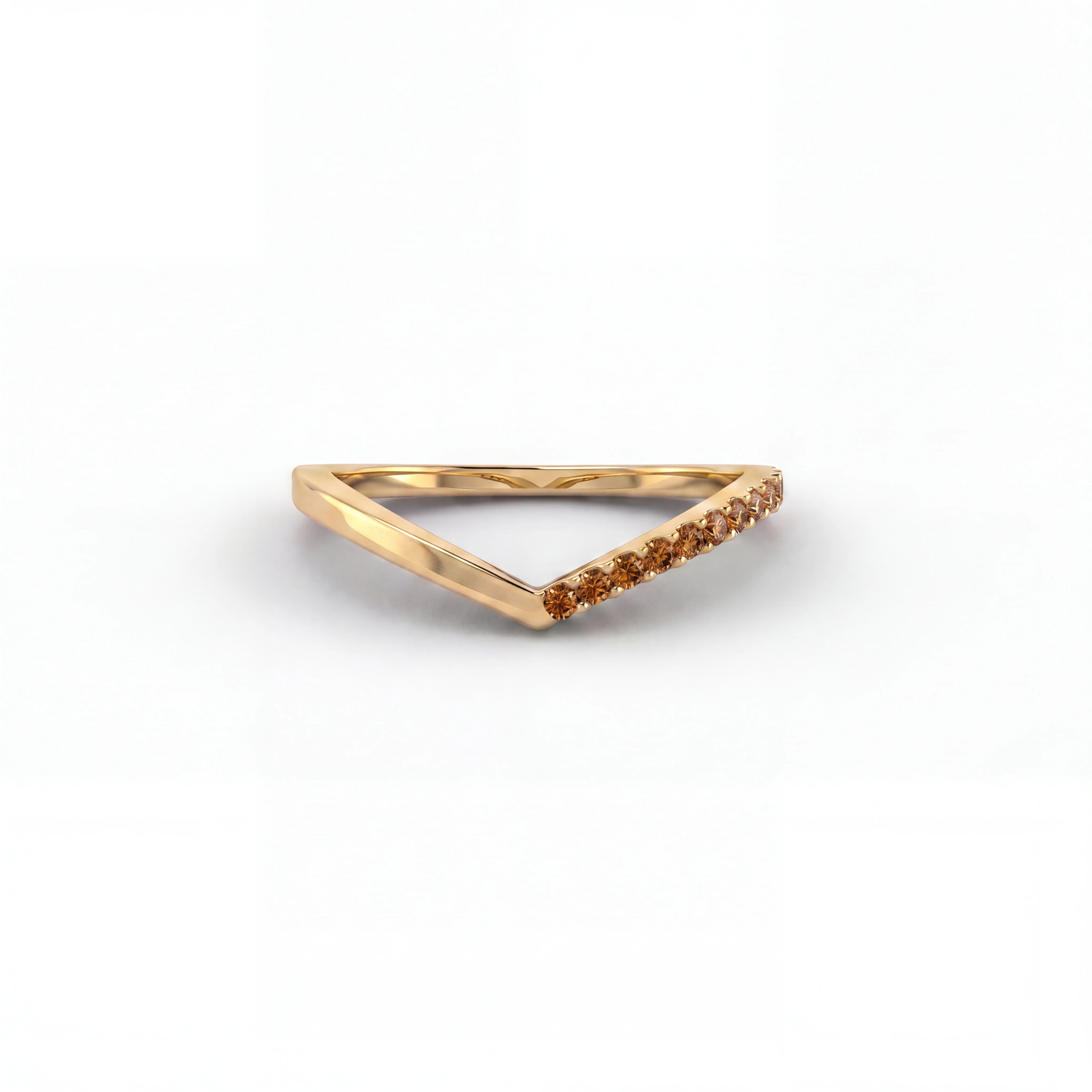 Cognac diamond wishbone ring in 14K yellow gold, front view — Brownstone Collection, Black Pearl of Queens