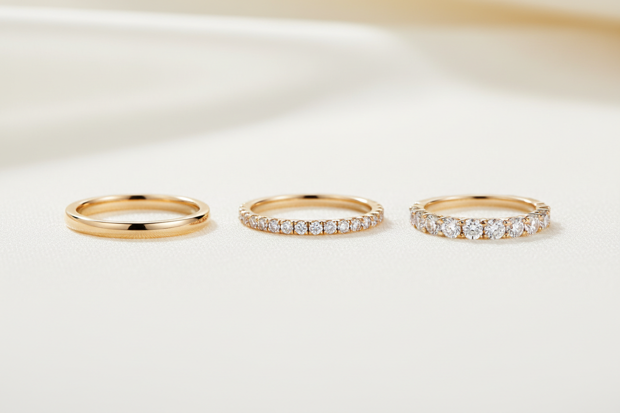 Create a luxury studio hero image of three 14K gold thin wedding bands arranged side-by-side on a soft ivory background with gentle diffused lighting. Include one plain gold 1.7mm band, one pavé thin band, and one shared-prong thin diamond band. Rings should be evenly spaced, centered, and photographed in front-facing orientation with a soft shadow beneath them. Style should match Tiffany & Co. / Cartier bridal campaign aesthetic — bright, elegant, minimal, and clean.