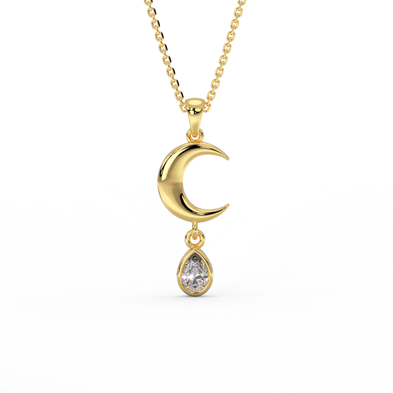 Crescent Moon Diamond Drop Necklace – 14K Gold