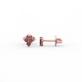 Lab-Created Ruby cluster stud earrings in 14K rose gold with three round red stones, front and side view