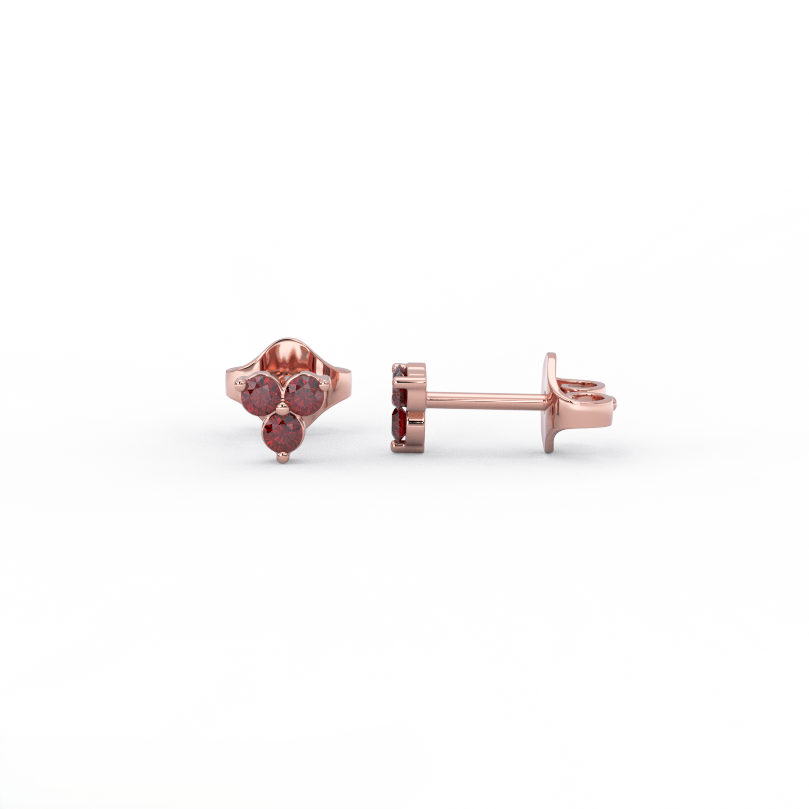 Crimson cluster ruby stud earrings in solid 14K rose gold featuring a trio of round ruby stones in a cluster setting, front and side view