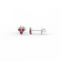Lab-Created Ruby cluster stud earrings in 14K white gold with three round red stones, front and side view