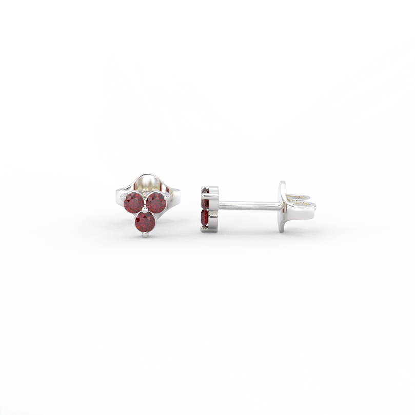 Crimson cluster ruby stud earrings in solid 14K white gold featuring three round ruby stones in a dainty cluster setting, front and side view