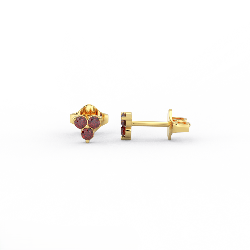 Crimson cluster ruby stud earrings in solid 14K yellow gold with three round ruby stones in a minimal cluster design, front and side view