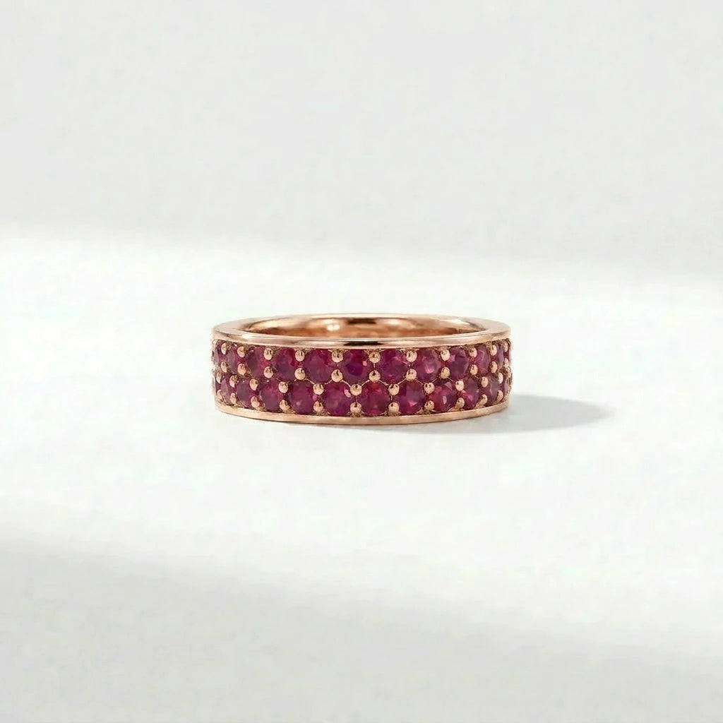 Crimson Eternity ruby ring in 14K rose gold featuring double row pavé ruby stones