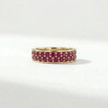Double row ruby eternity ring in 14K yellow gold with full pavé gemstone setting