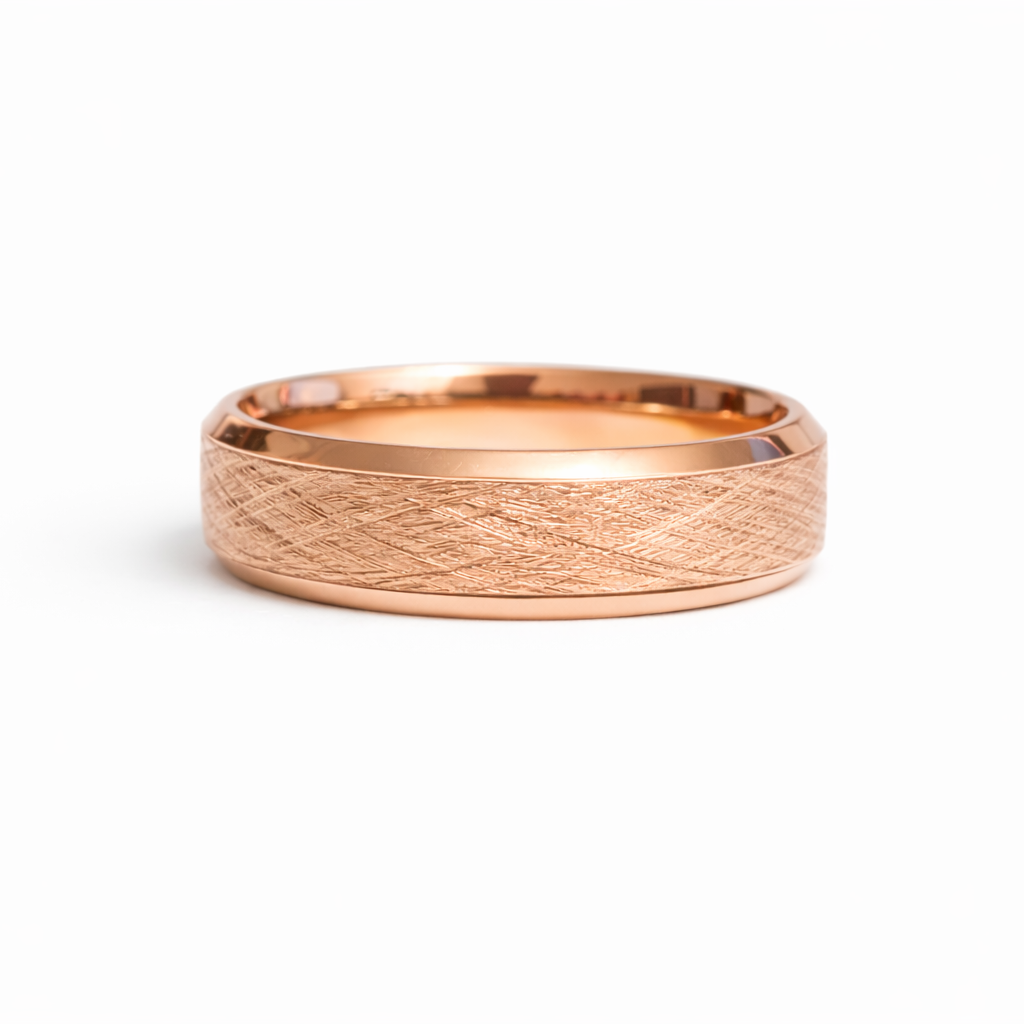 Cross-hatched textured 14K rose gold wedding band with artisan finish