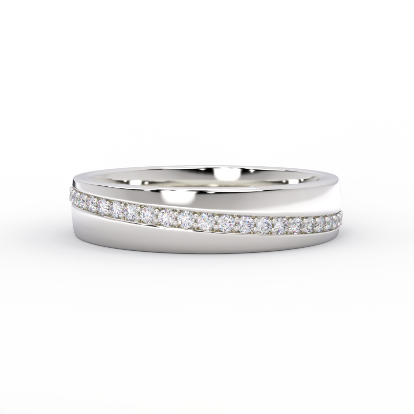 White gold curved diamond wedding band with channel set diamonds