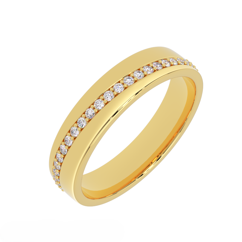 Curved channel set diamond wedding band in solid 14K yellow gold