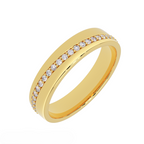 Curved channel set diamond wedding band in solid 14K yellow gold