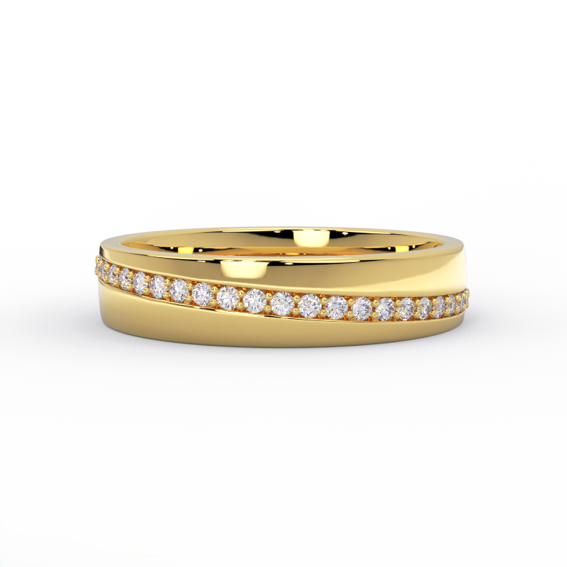 Modern 14K gold wedding band with curved diamond channel
