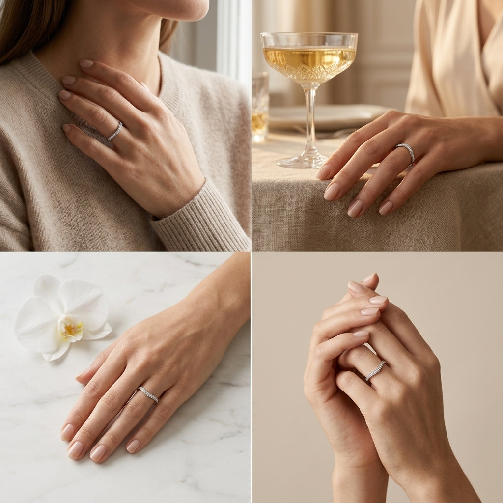 Curved diamond wedding band lifestyle views, lab-grown pave contour band worn on the hand