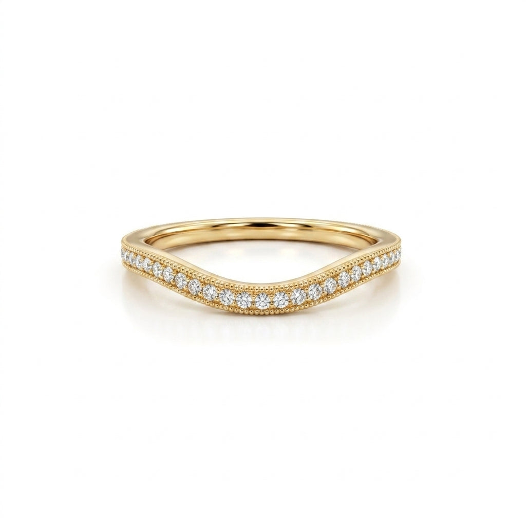 Curved diamond wedding band in 14K rose gold, lab-grown diamond pave contour nesting band
