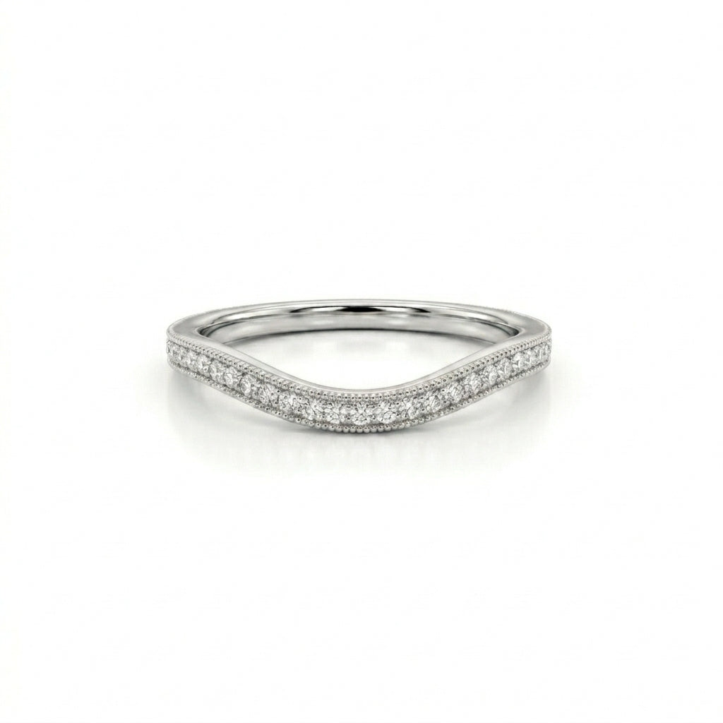 Curved diamond wedding band in 14K white gold, front view, lab-grown diamond pave contour band