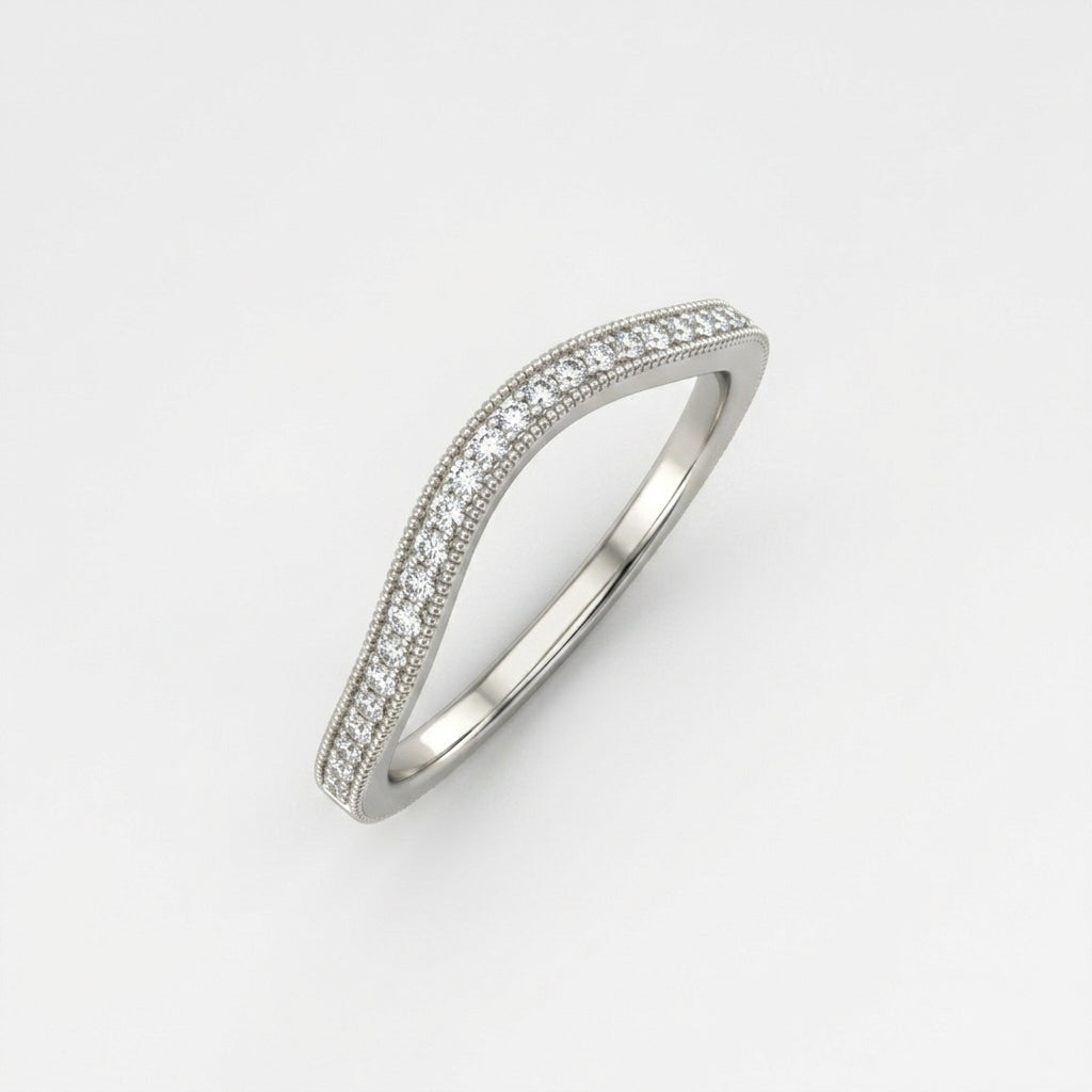 Curved diamond wedding band in 14K white gold, lab-grown pave with milgrain, contour nesting band