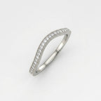 Curved diamond wedding band in 14K white gold, lab-grown pave with milgrain, contour nesting band
