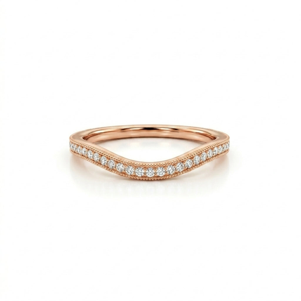 Curved diamond wedding band in 14K yellow gold, lab-grown diamond pave contour nesting band