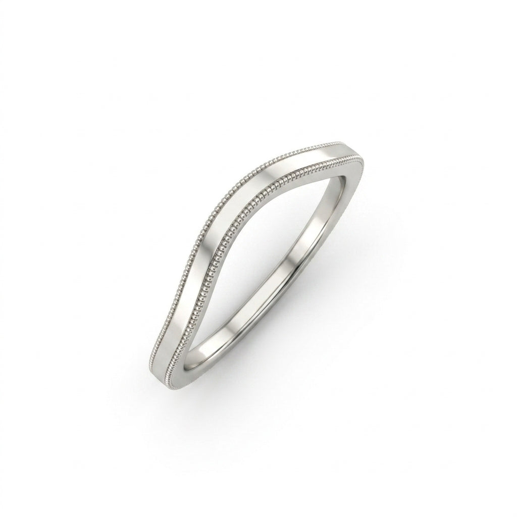 Plain curved wedding band lifestyle views, milgrain contour nesting band worn on the hand