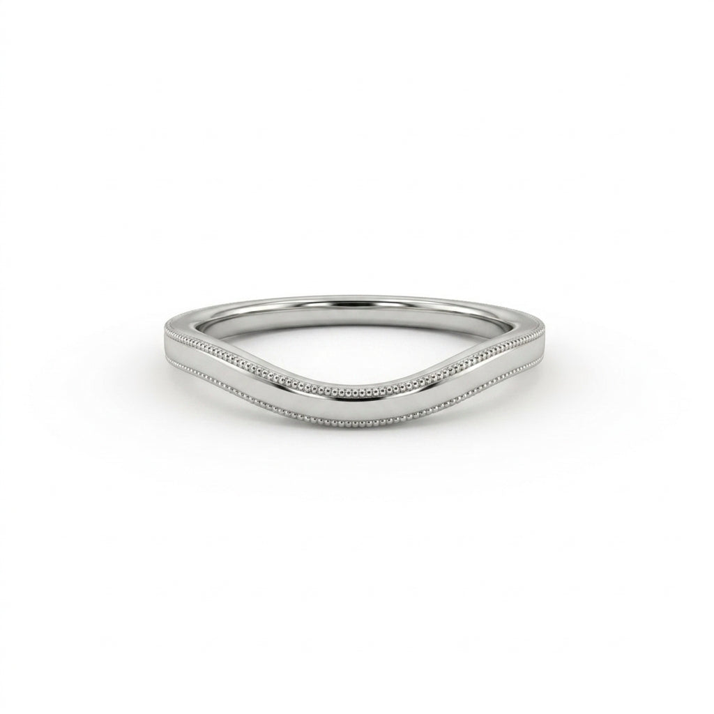 Curved wedding band in 14K rose gold, plain milgrain contour nesting band