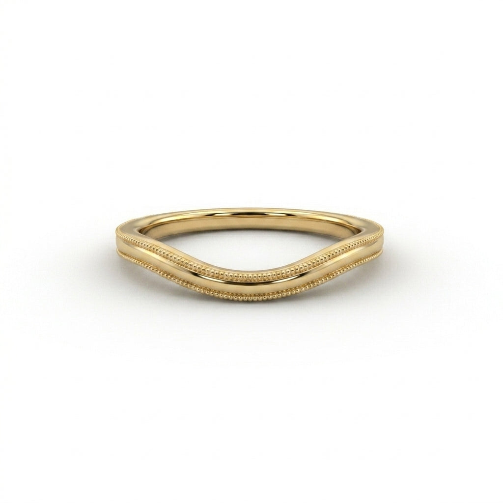 Curved wedding band in 14K yellow gold, plain milgrain contour nesting band