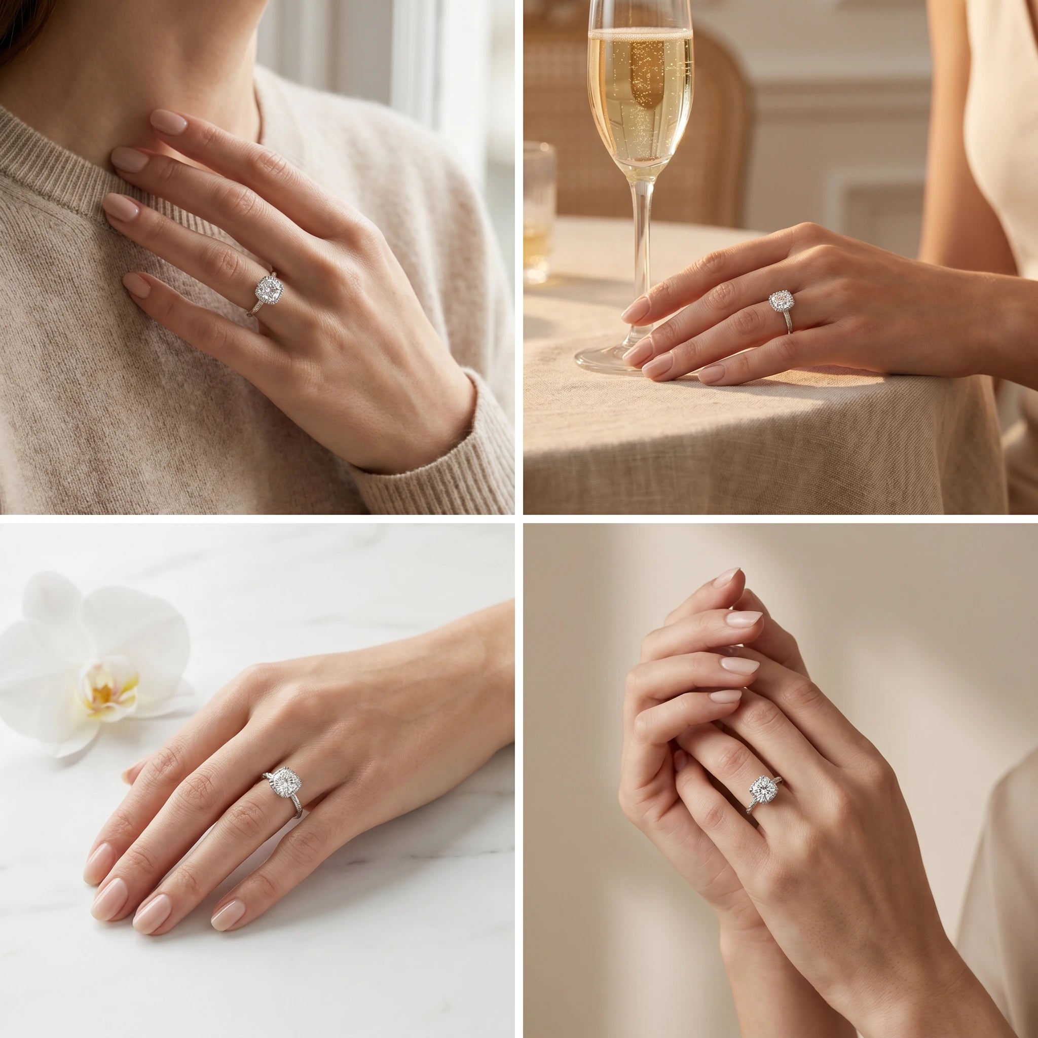 Cushion Cut Lab-Grown Diamond branch band engagement ring worn on the hand, lifestyle views