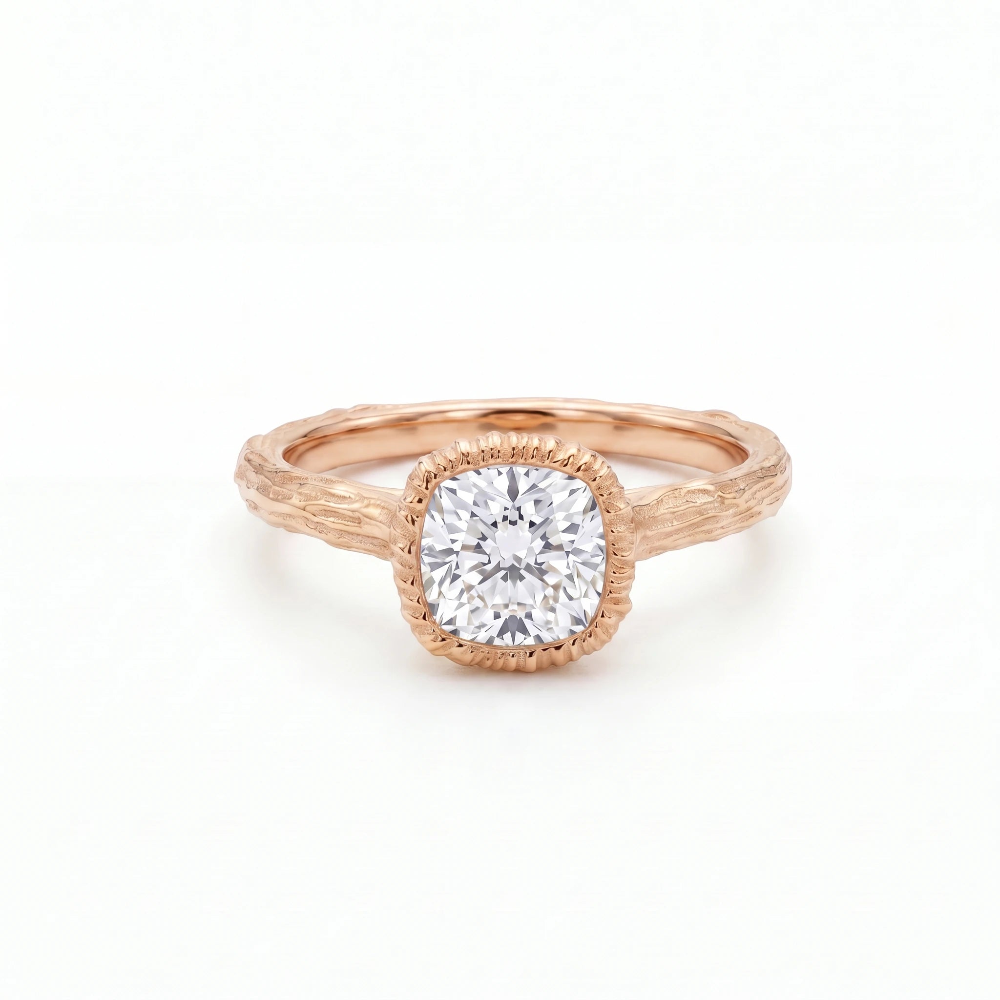 Cushion Cut Lab-Grown Diamond engagement ring with a hand-carved branch band in 14K rose gold