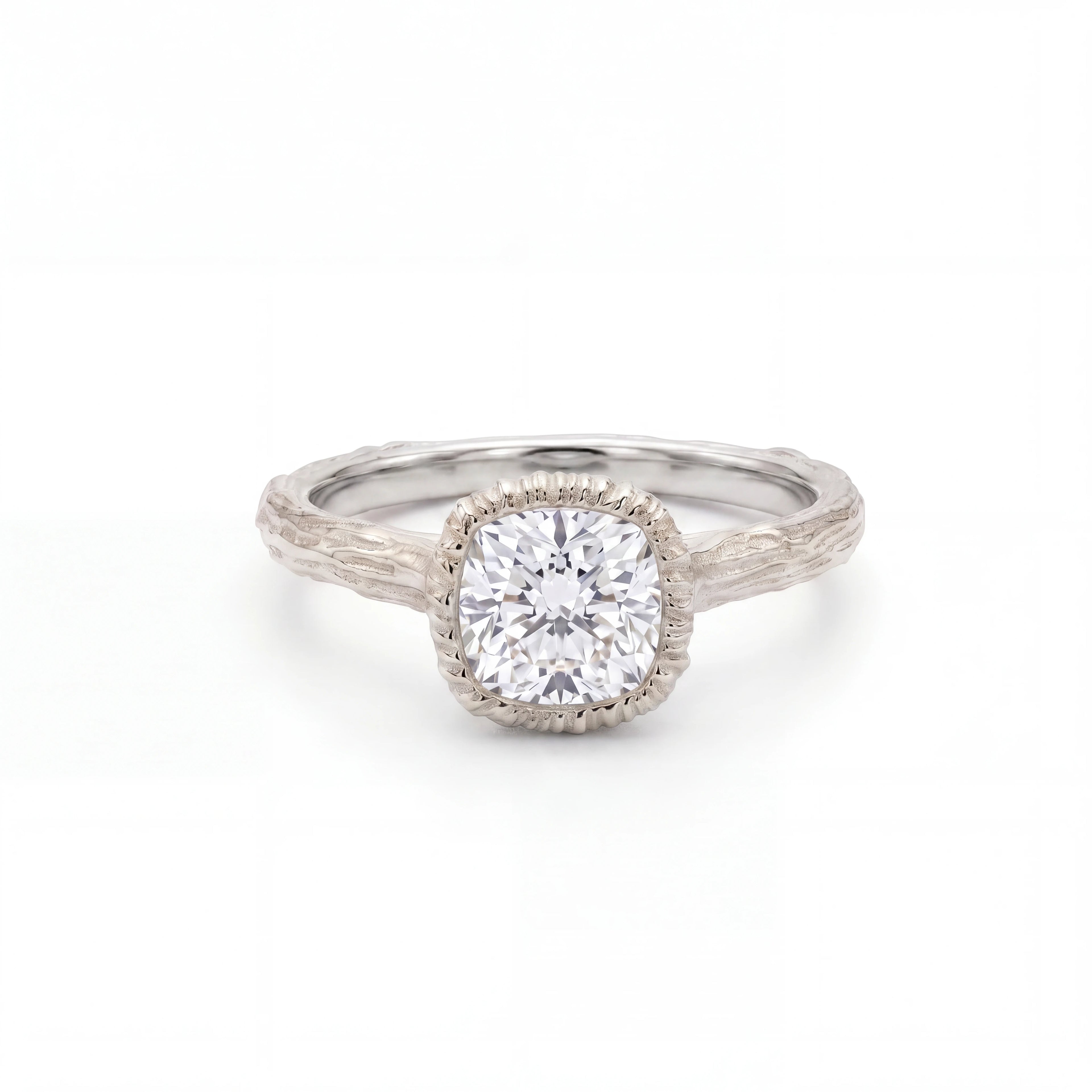 Cushion Cut Lab-Grown Diamond engagement ring with a hand-carved branch band in 14K white gold
