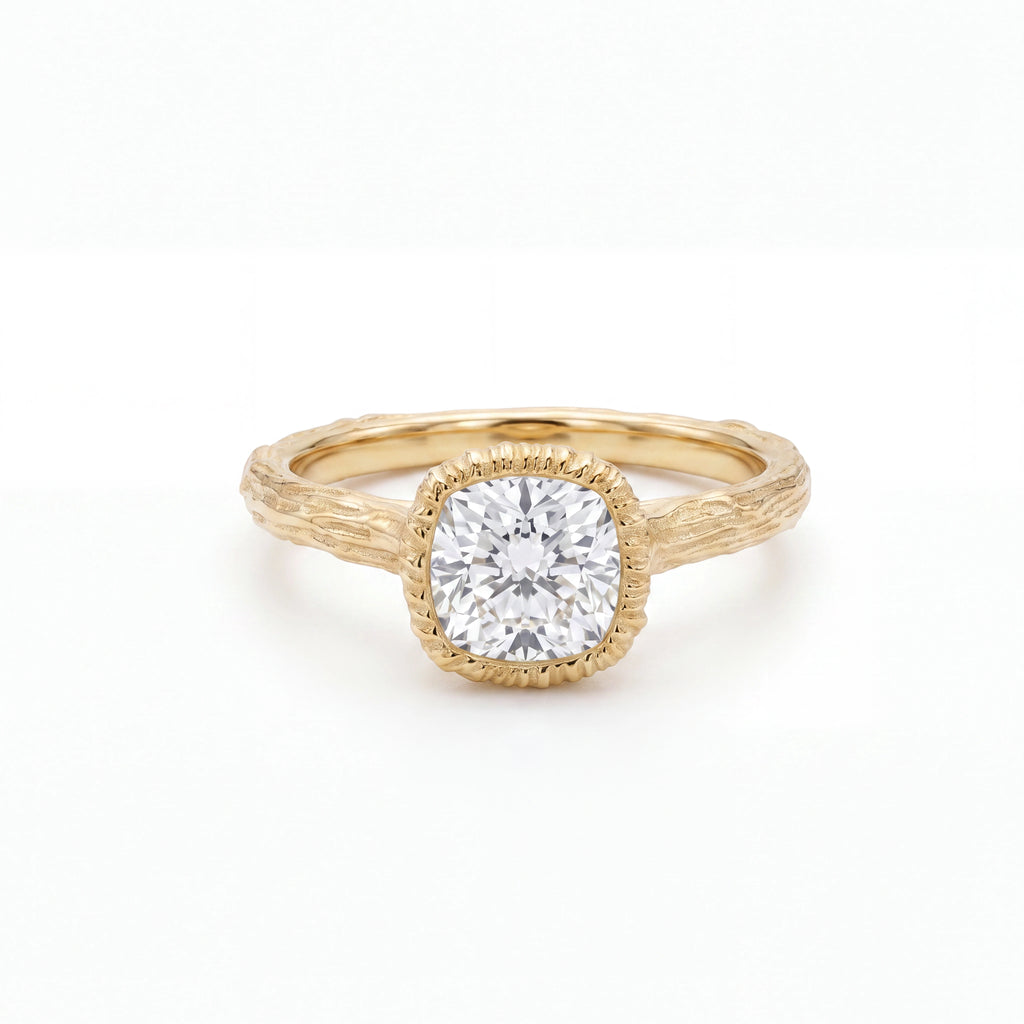 Cushion Cut Lab-Grown Diamond engagement ring with a hand-carved branch band in 14K yellow gold