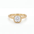 Cushion Cut Lab-Grown Diamond engagement ring with a hand-carved branch band in 14K yellow gold